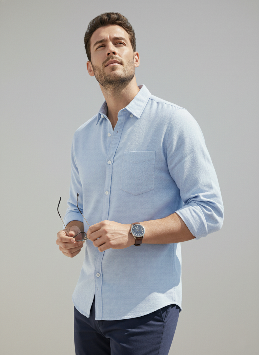 Men Light-Blue Collar Solid Pure Cotton Shirt