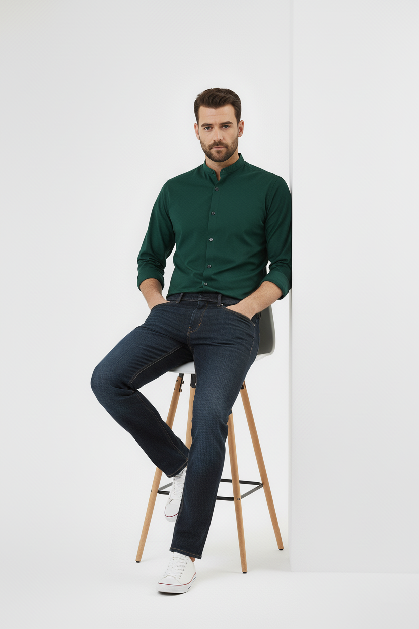Dark Green Short collar Pure Cotton Shirt