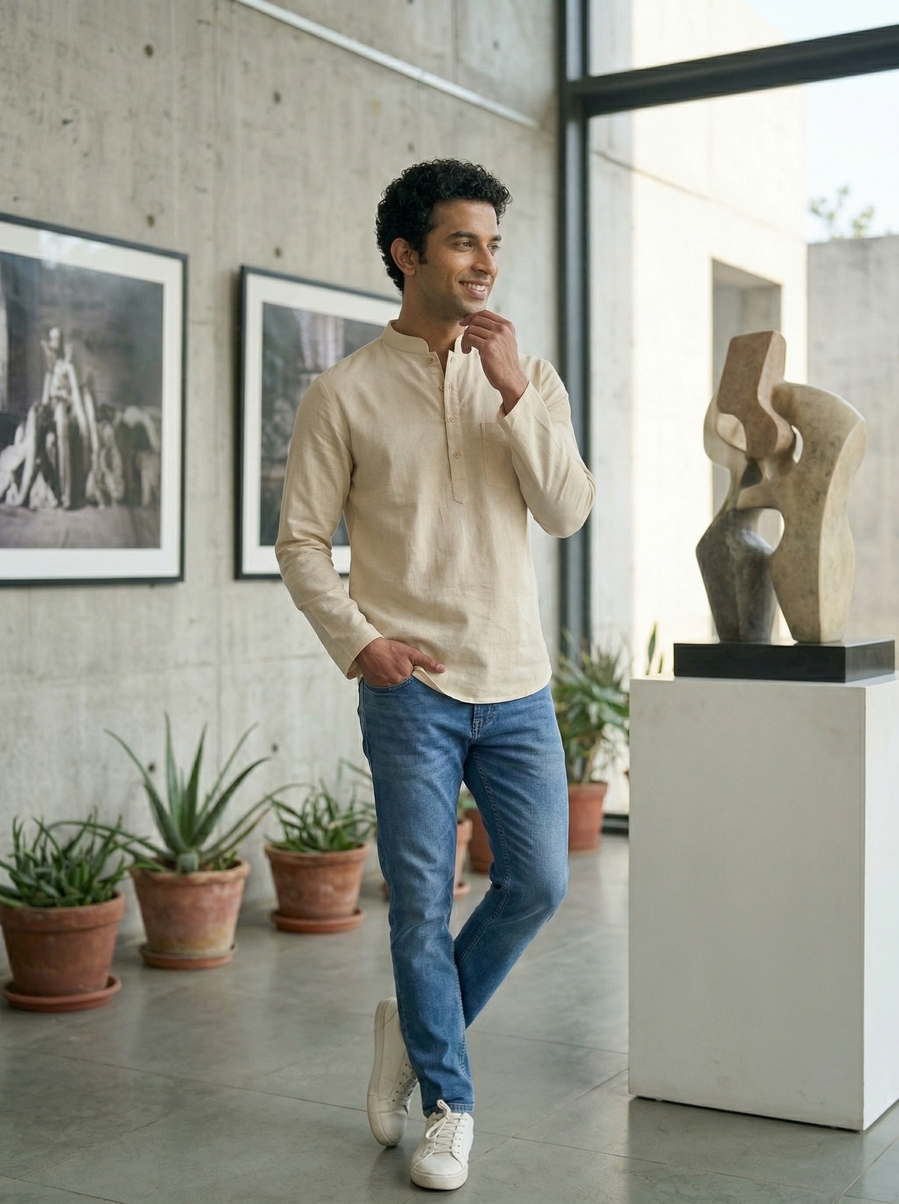 Mens Beige Khadi Pure Cotton Kurta