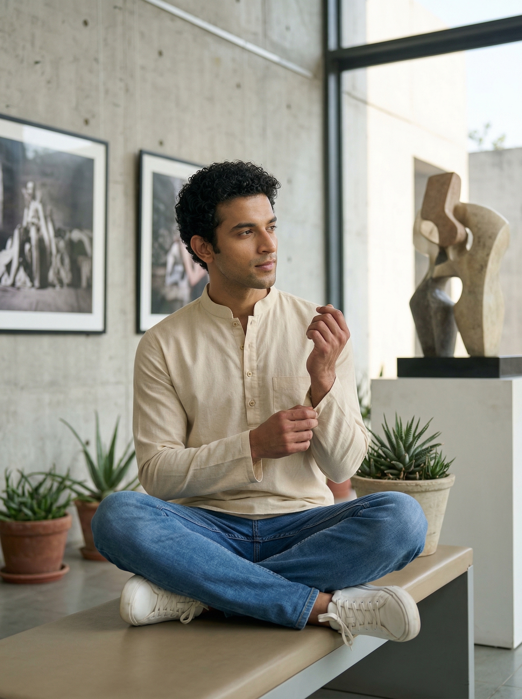 Mens Beige Khadi Pure Cotton Kurta