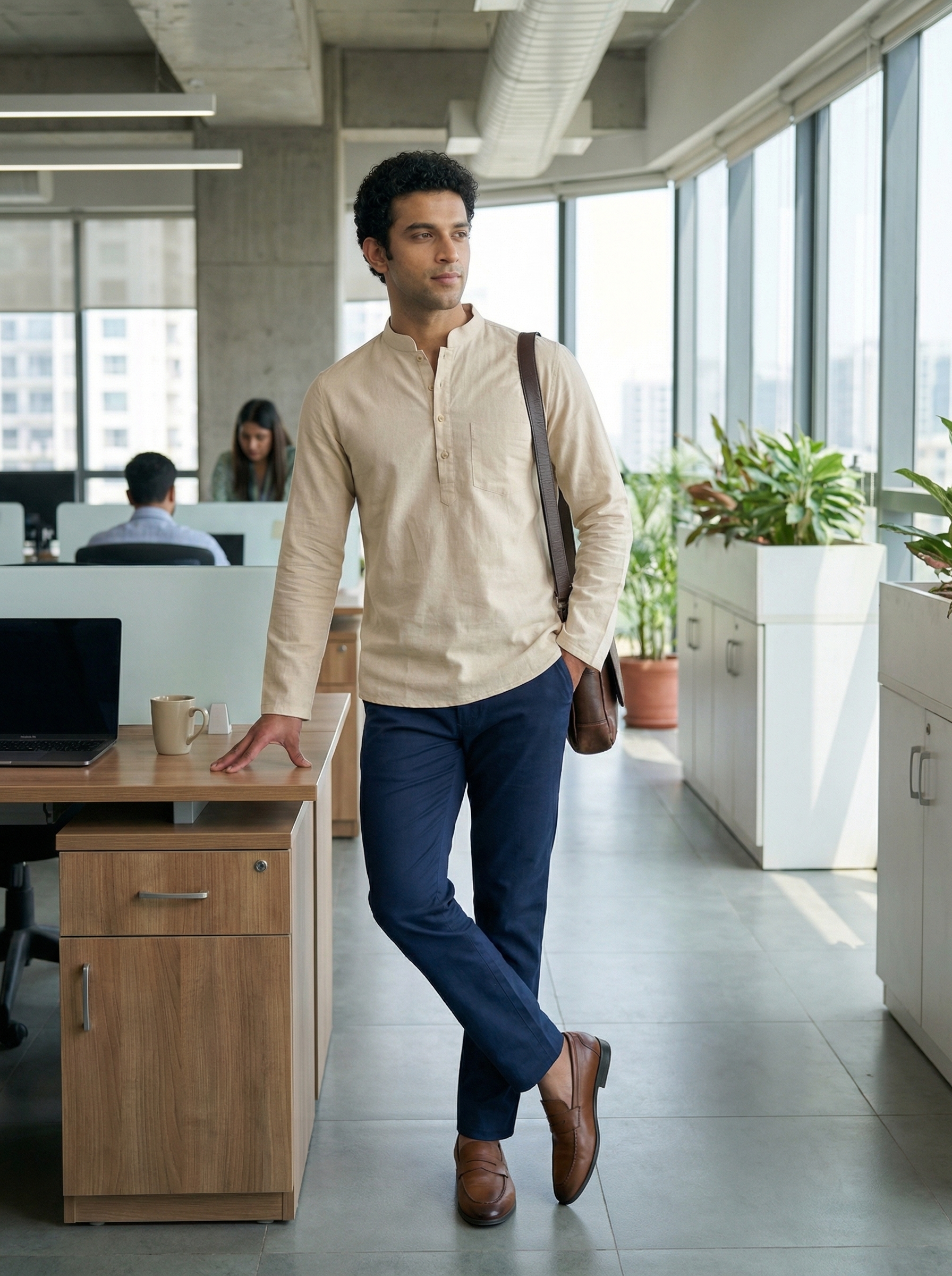 Mens Beige Khadi Pure Cotton Kurta