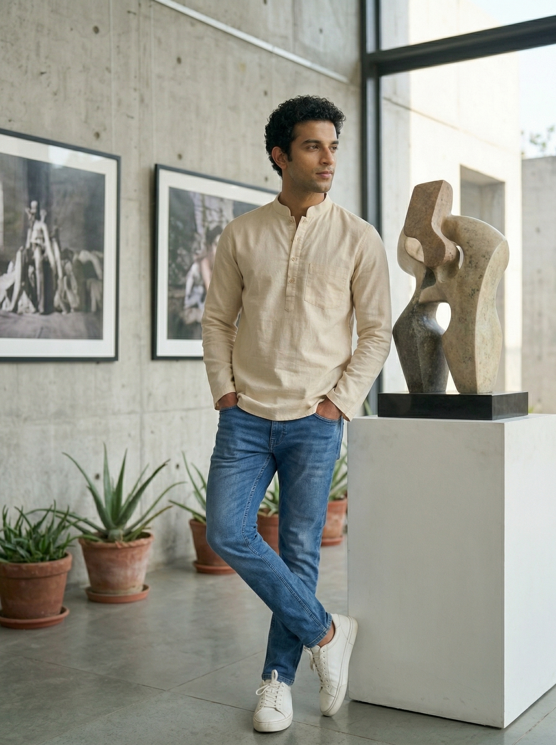 Mens Beige Khadi Pure Cotton Kurta