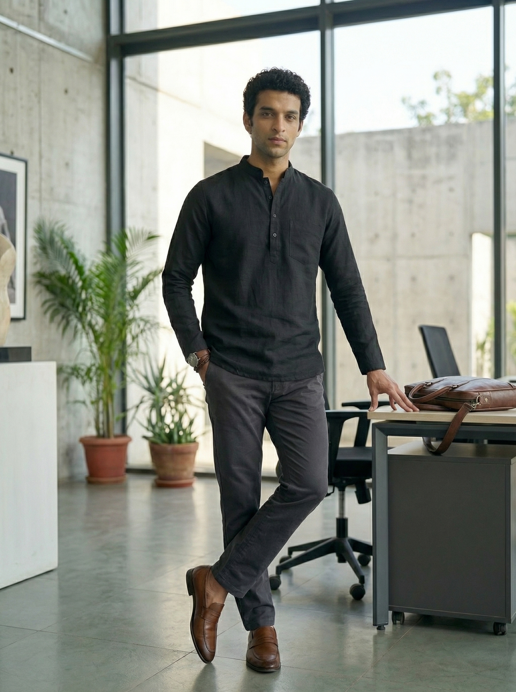 Mens Black Khadi Pure Cotton Kurta