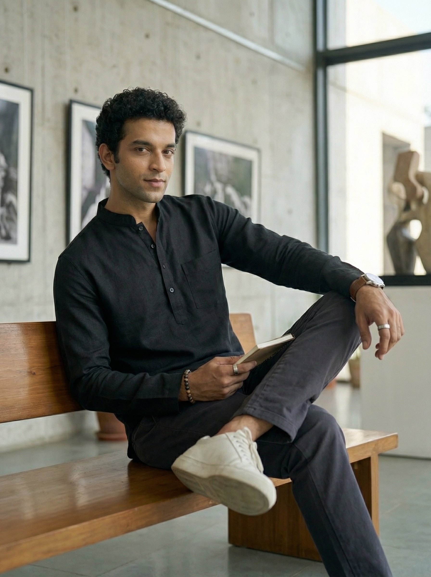 Mens Black Khadi Pure Cotton Kurta